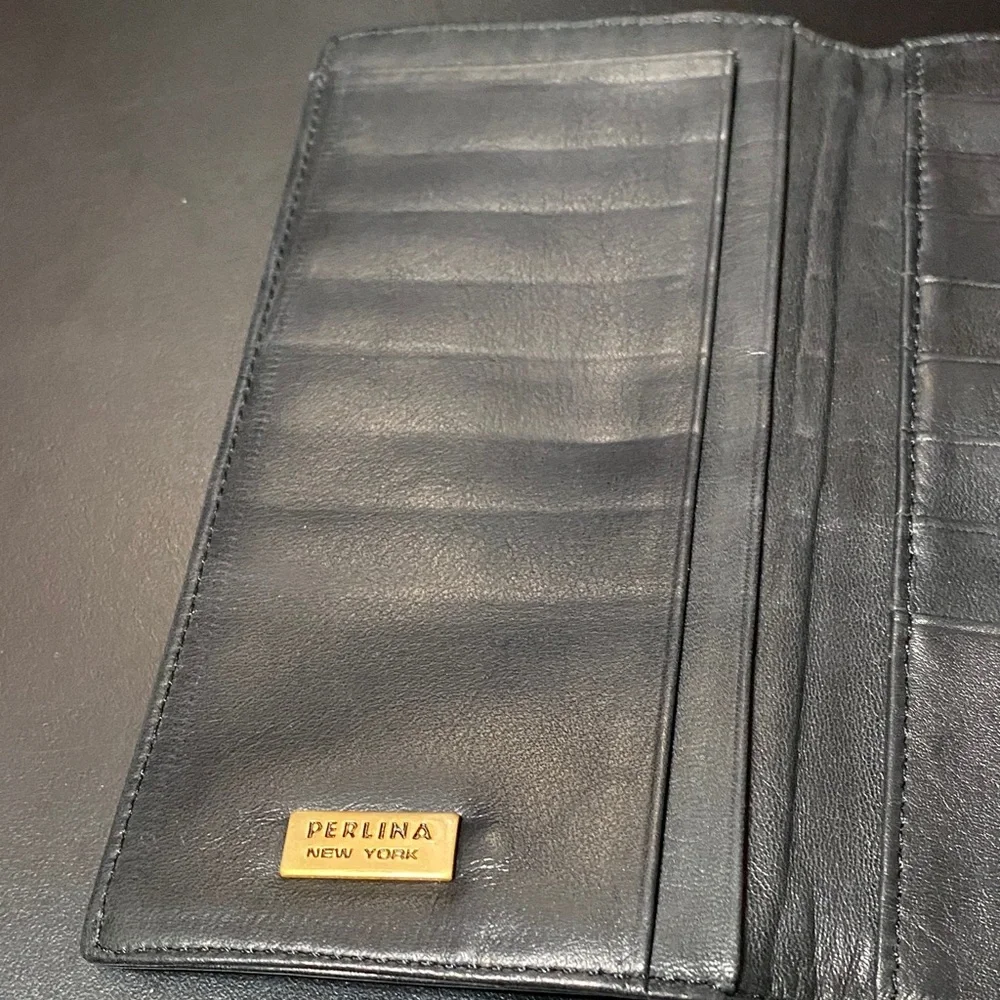 Vintage Perlina New York Black Leather checkbook Wallet with Gold Accent